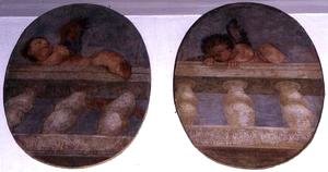 Two winged putti climbing over a balustrade, roundels from the sacristy