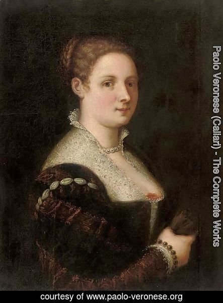 Portrait of a lady, half-length, in a red and black brocade dress with a white lace collar