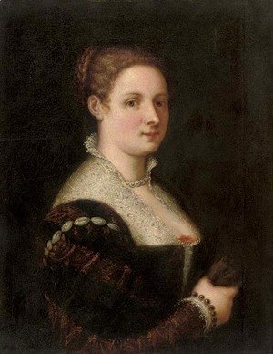 Paolo Veronese (Caliari) - Portrait of a lady, half-length, in a red and black brocade dress with a white lace collar