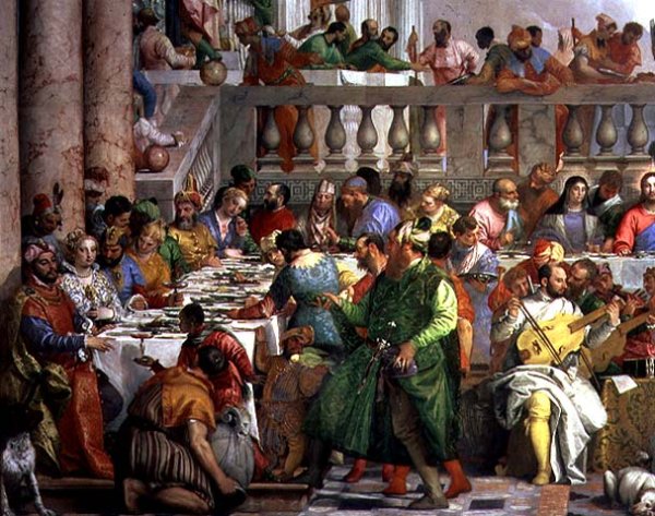 The Marriage Feast at Cana, detail of banqueting table with man in a green robe and dwarf with a parrot, c.1562