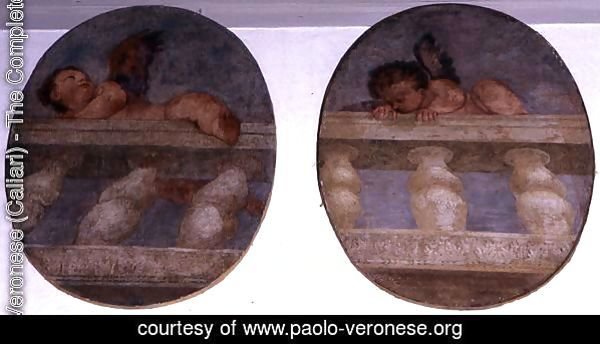 Two winged putti climbing over a balustrade, roundels from the sacristy
