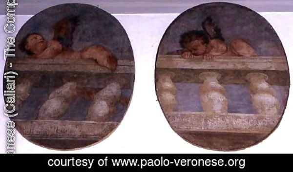 Paolo Veronese (Caliari) - Two winged putti climbing over a balustrade, roundels from the sacristy