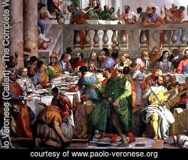 Paolo Veronese (Caliari) - The Marriage Feast at Cana, detail of banqueting table with man in a green robe and dwarf with a parrot, c.1562