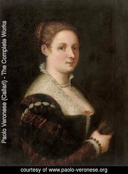 Paolo Veronese (Caliari) - Portrait of a lady, half-length, in a red and black brocade dress with a white lace collar